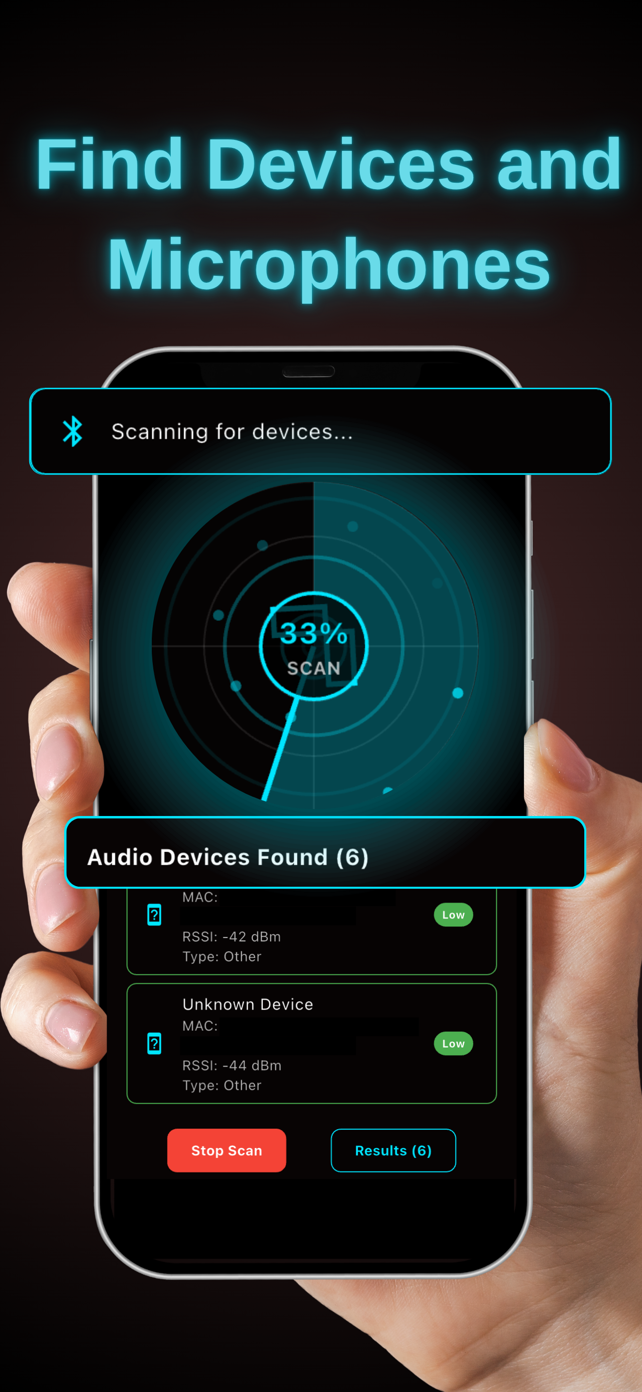 SpyMic Bluetooth device finder locating hidden microphones and audio devices with signal strength